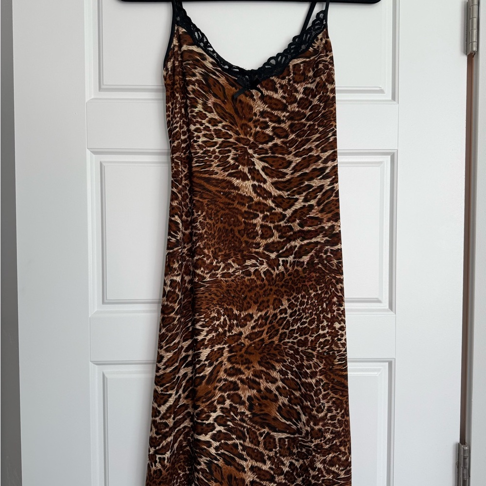 Vintage Leopard Print Slip Dress with Lace Trim